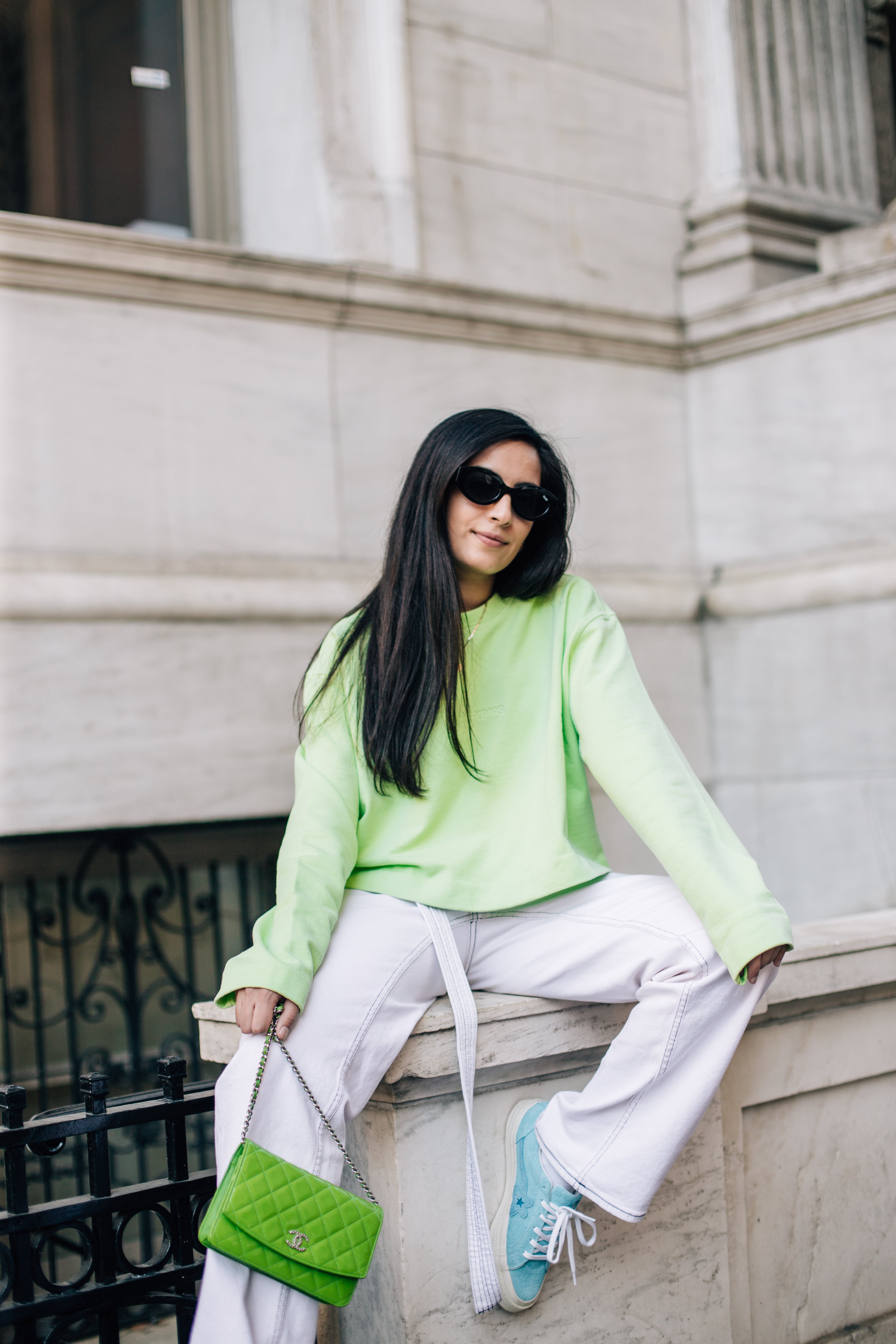 Neon green new arrivals sweater outfit