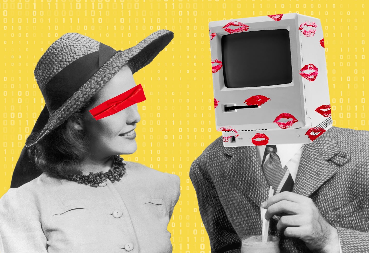 Designed Image of Woman Smiling at Man With a Computer Covering His Face on Yellow Background