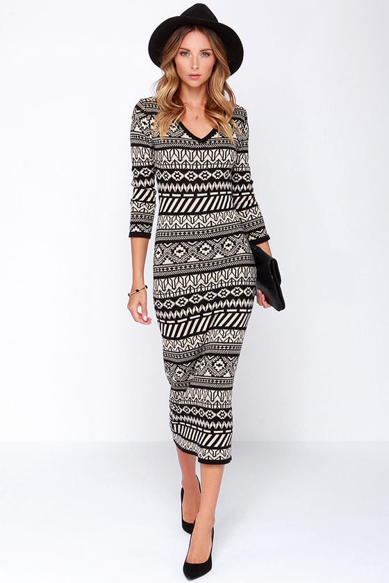 Lulu's Mark Your Mayan Calendar Black and Beige Print Sweater Dress