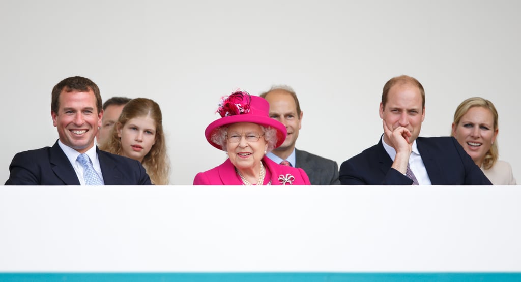 The queen sat with grandsons Peter Phillips and Prince William during a celebration for her 90th birthday. Granddaughters Lady Louise Windsor and Zara Phillips sat behind them.