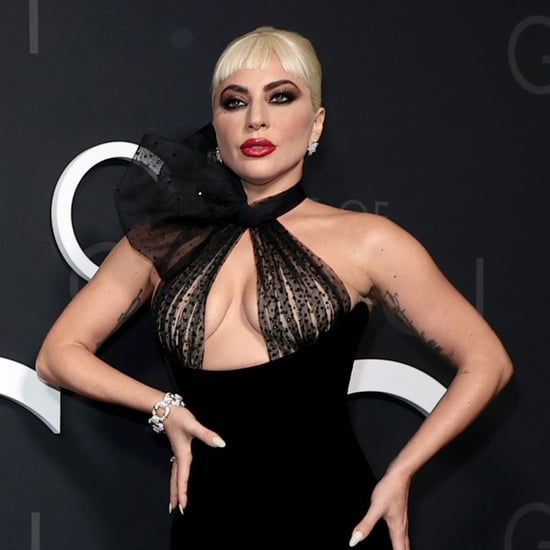 Lady Gaga Wears Velvet Dress With Sheer Polka Dot Halter Top