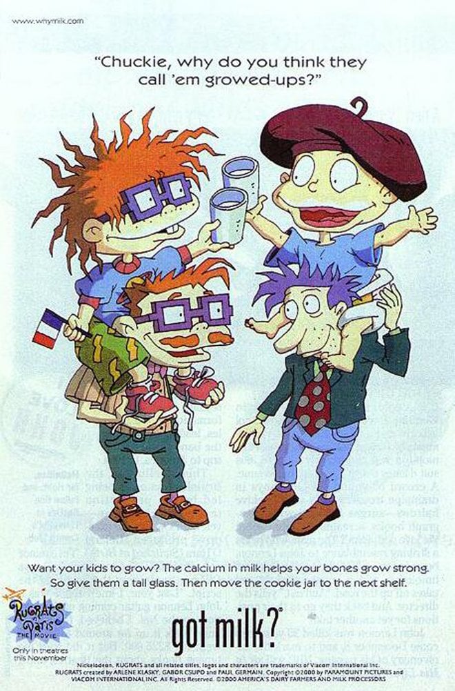 The Rugrats characters Chuckie and Tommy posed with their dads for one of the '90s ads.