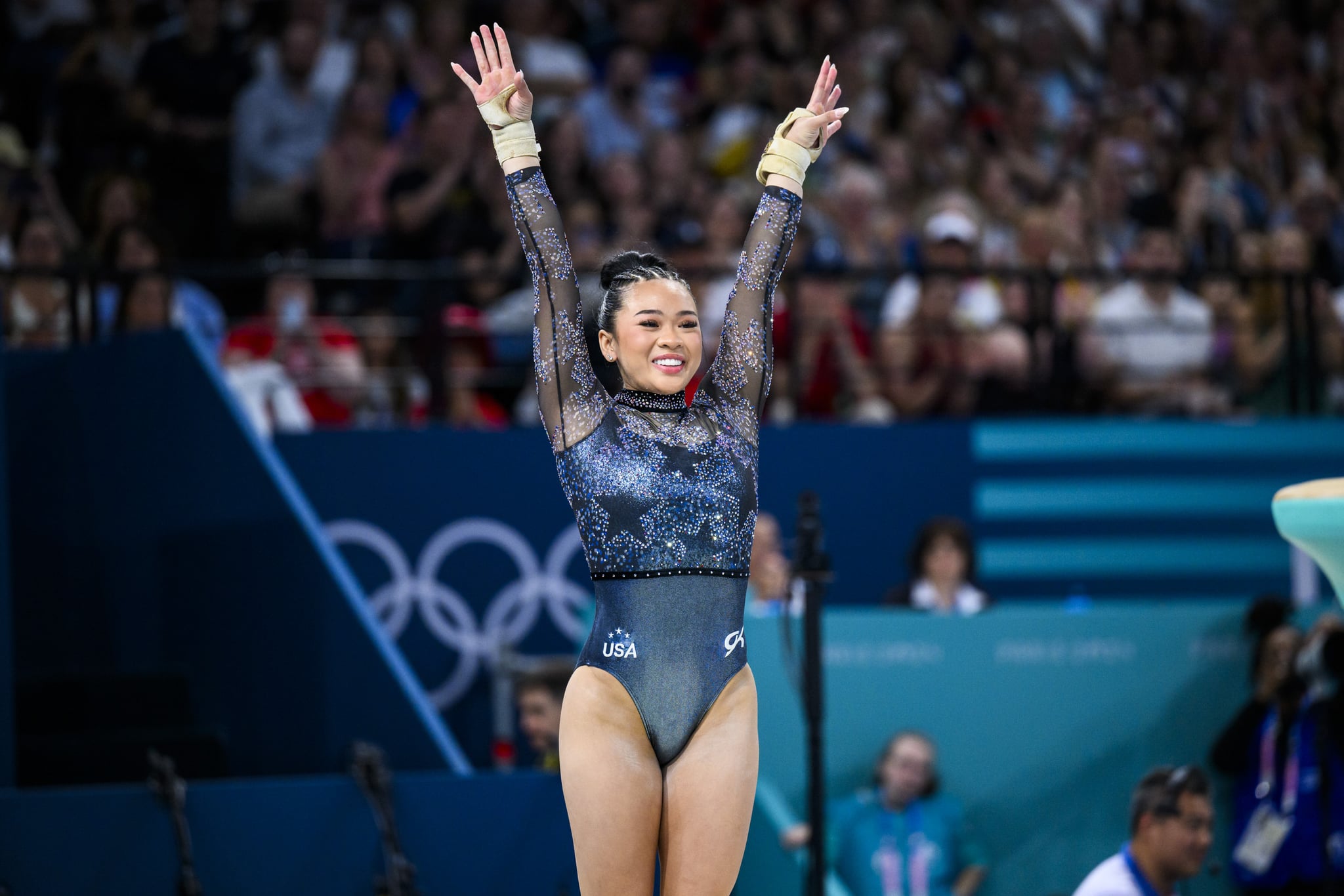 PARIS, FRANCE - JULY 28: Sunisa Lee from Team United States reacts after her exercise on the vault during day two of the Olympic Games Paris 2024 at the Bercy Arena on July 28, 2024 in Paris, France. (Photo by Tom Weller/VOIGT/GettyImages)