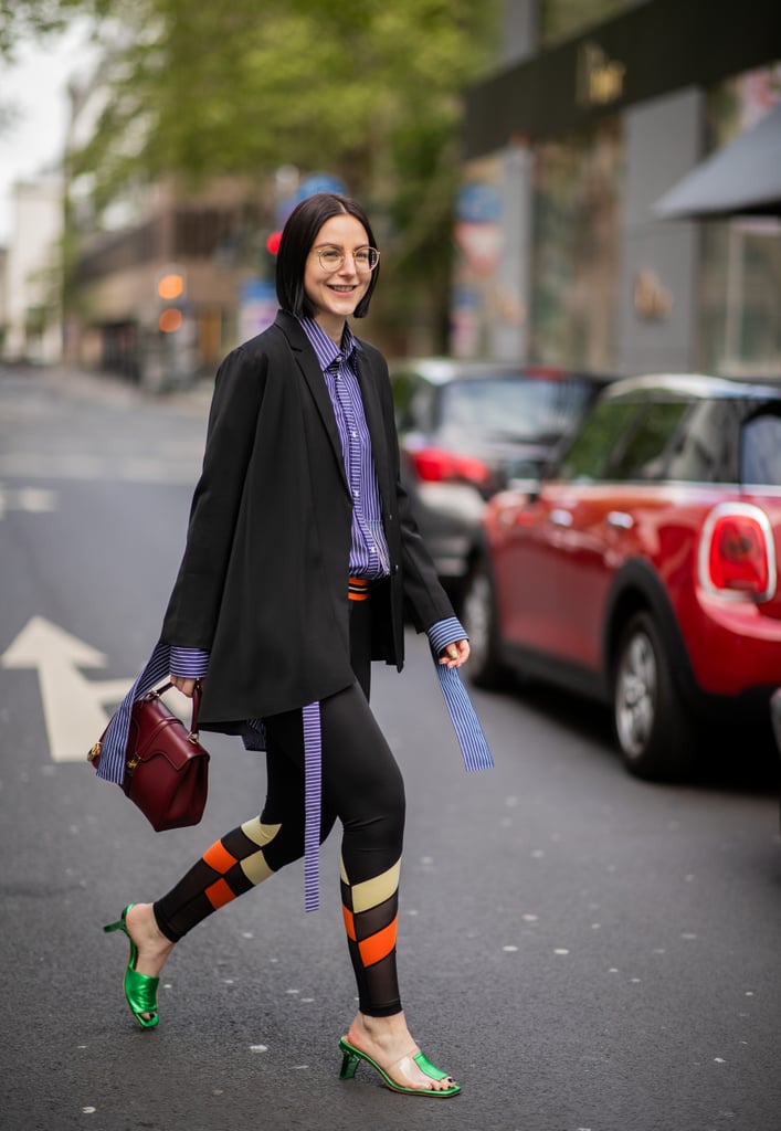 How to Style Workout Clothes: Leggings + Shirt + Blazer + Heels