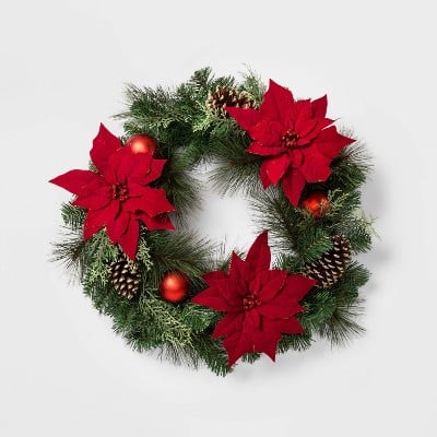 Christmas Red Poinsettia With Ornaments Artificial Pine Wreath