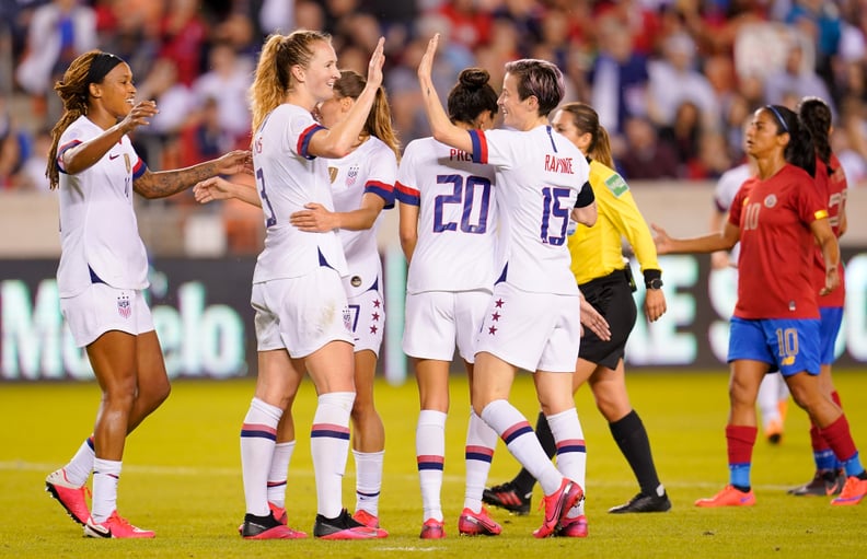 HOUSTON, TX - FEBRUARY 03: Samantha Mewis #3 of the United States celebrates her goal with Megan Rapinoe #15 during a game between Costa Rica and USWNT at BBVA Stadium on February 03, 2020 in Houston, Texas. (Photo by Brad Smith/ISI Photos/Getty Images)