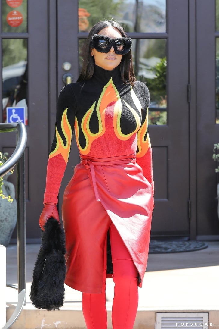 Kim Kardashian Wears a Flame-Print Top and Fuzzy Accessories | POPSUGAR