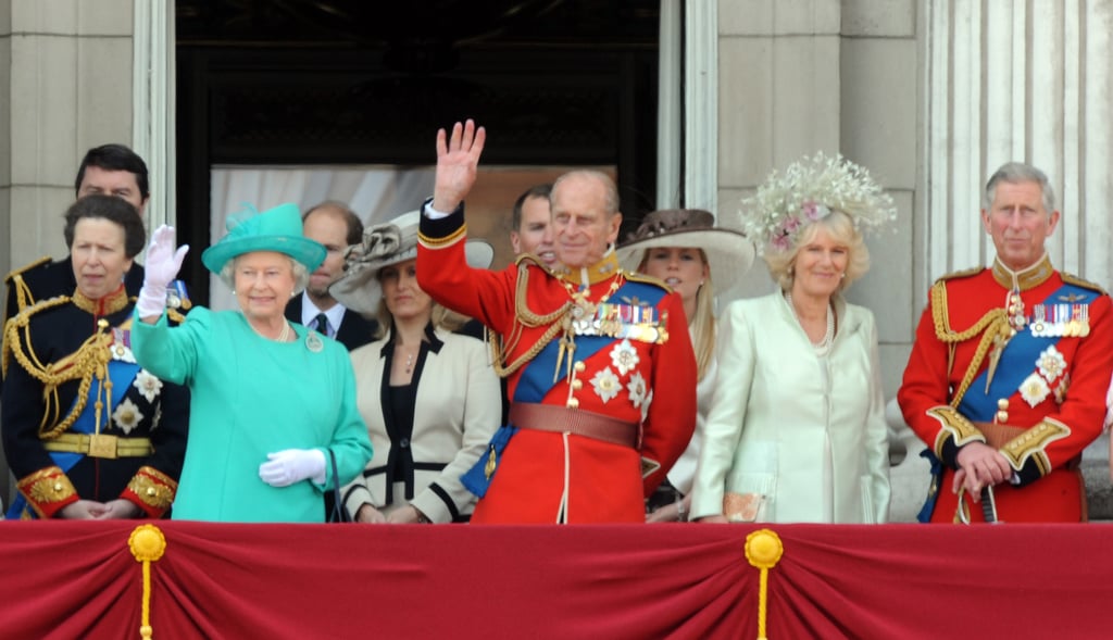 Pictured: Princess Anne, Queen Elizabeth II, Prince Edward, Sophie, Countess of Wessex, Prince Philip, Autumn Phillips, Camilla, Duchess of Cornwall, Prince Charles.