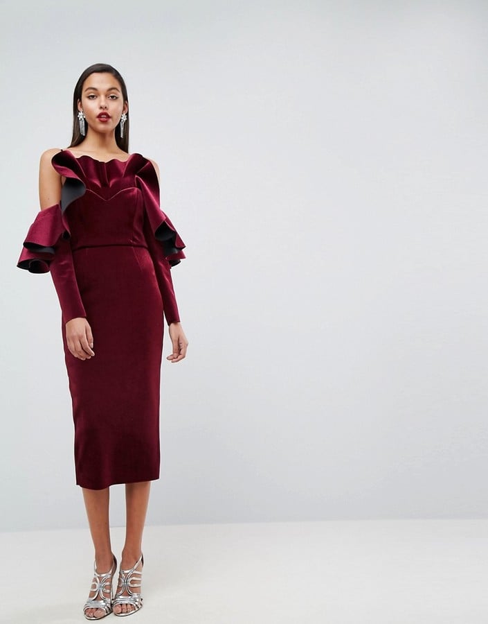 ASOS Edition Bonded Velvet Ruffle Long Sleeve Midi Dress