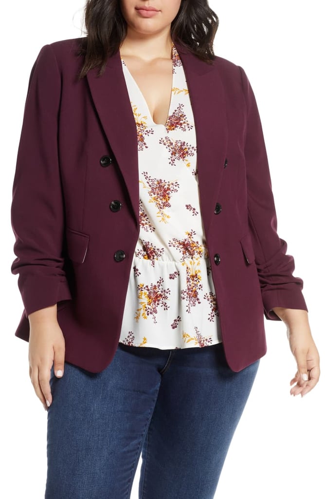 1.STATE Ruched Sleeve Stretch Crepe Blazer