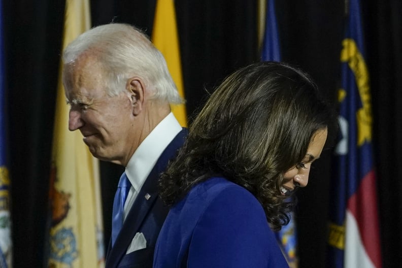 WILMINGTON, DE - AUGUST 12: Presumptive Democratic presidential nominee former Vice President Joe Biden invites his running mate Sen. Kamala Harris (D-CA) to the stage to deliver remarks at the Alexis Dupont High School on August 12, 2020 in Wilmington, D