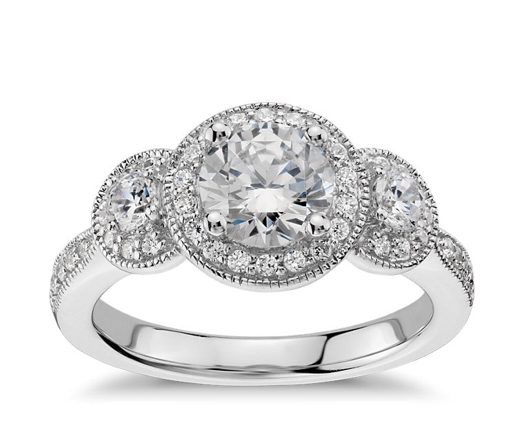 Blue NIle Three Stone Milgrain Halo Engagement Ring ($1,475 for setting)