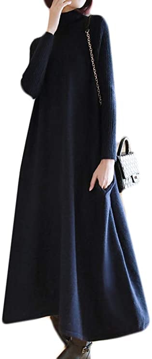Minibee Pullover Casual Turtleneck Knit Long Dress With Pockets