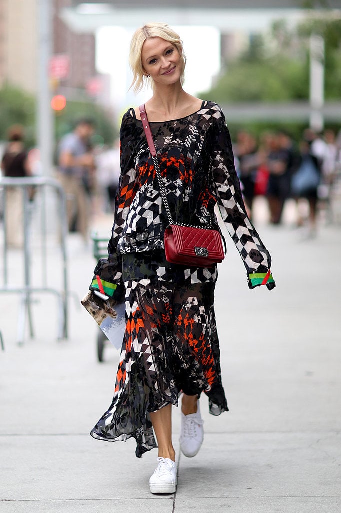 Tone down a loud dress with a bright, white pair of kicks.