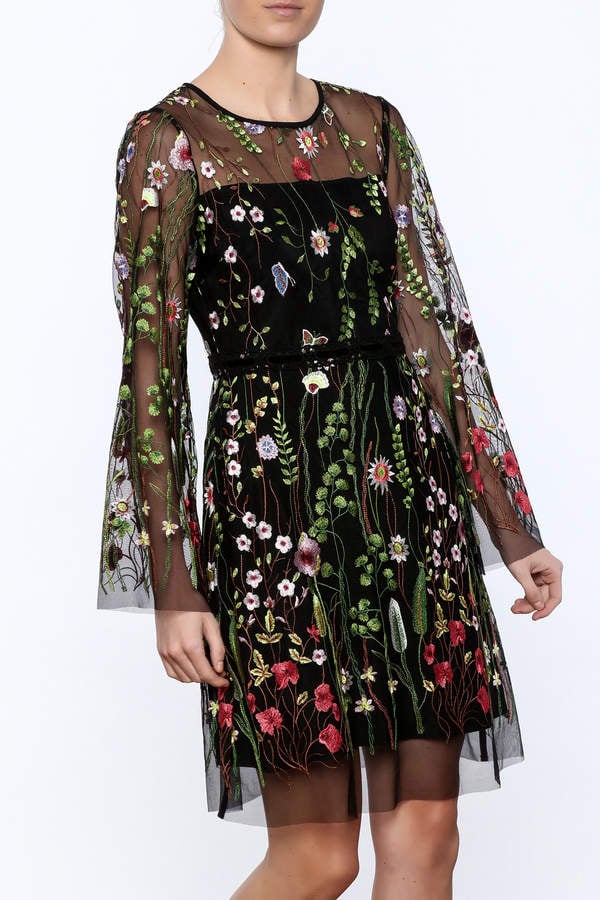 Hale Bob Sheer Sleeved Embroidered Floral Dress