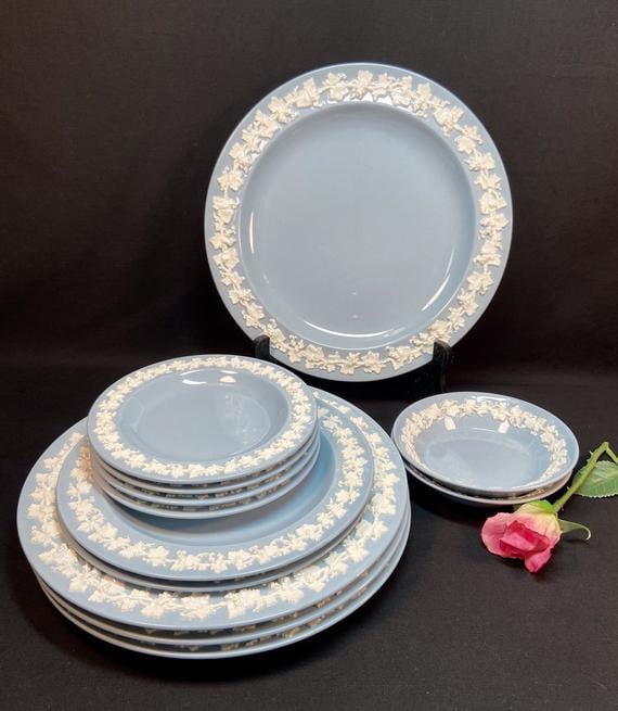 Vintage Wedgeood Embossed Queensware Cream on Lavender Blue Plates