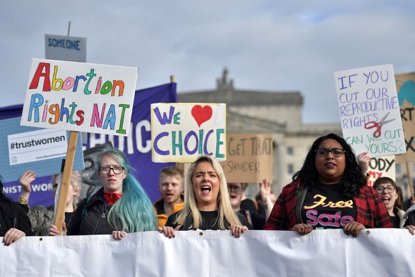 BELFAST, NORTHERN IRELAND - OCTOBER 21: Members of pro choice group Alliance for Choice make their way to Stormont on October 21, 2019 in Belfast, Northern Ireland. Legislation brought in by MPs at Westminster in the absence of the Northern Ireland power 