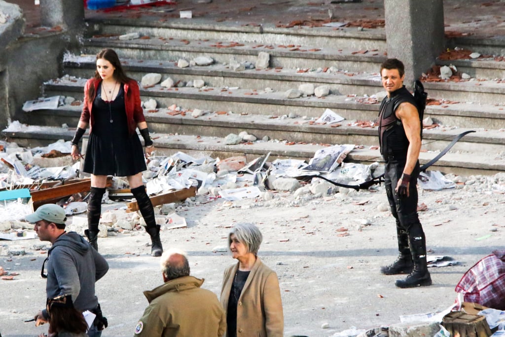 Elizabeth Olsen and Jeremy Renner on the set of Avengers: Age of Ultron, in Italy.