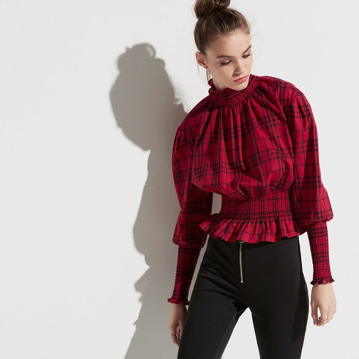 k/lab Plaid Smocked Mock Neck Top