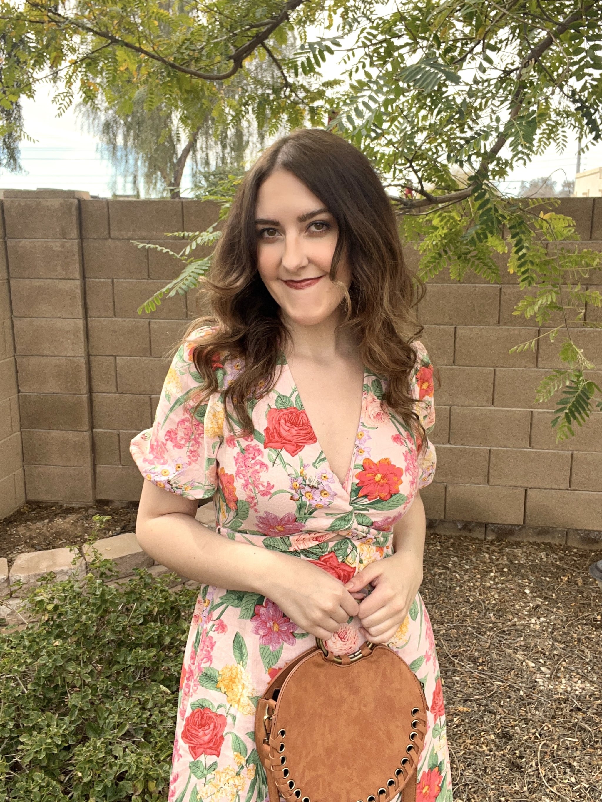 woman wearing Old Navy floral linen midi dress