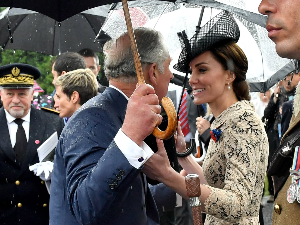 Prince Charles and Kate stopped in the rain to great each other with smiles in 2016.