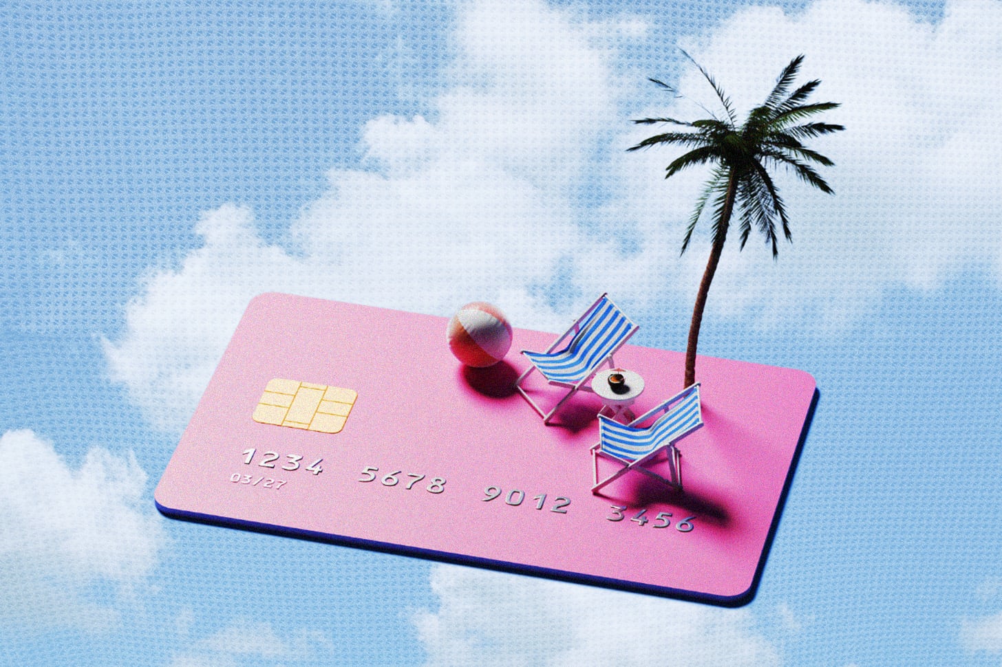 a conceptual photo of a palm tree and beach chairs atop a credit card