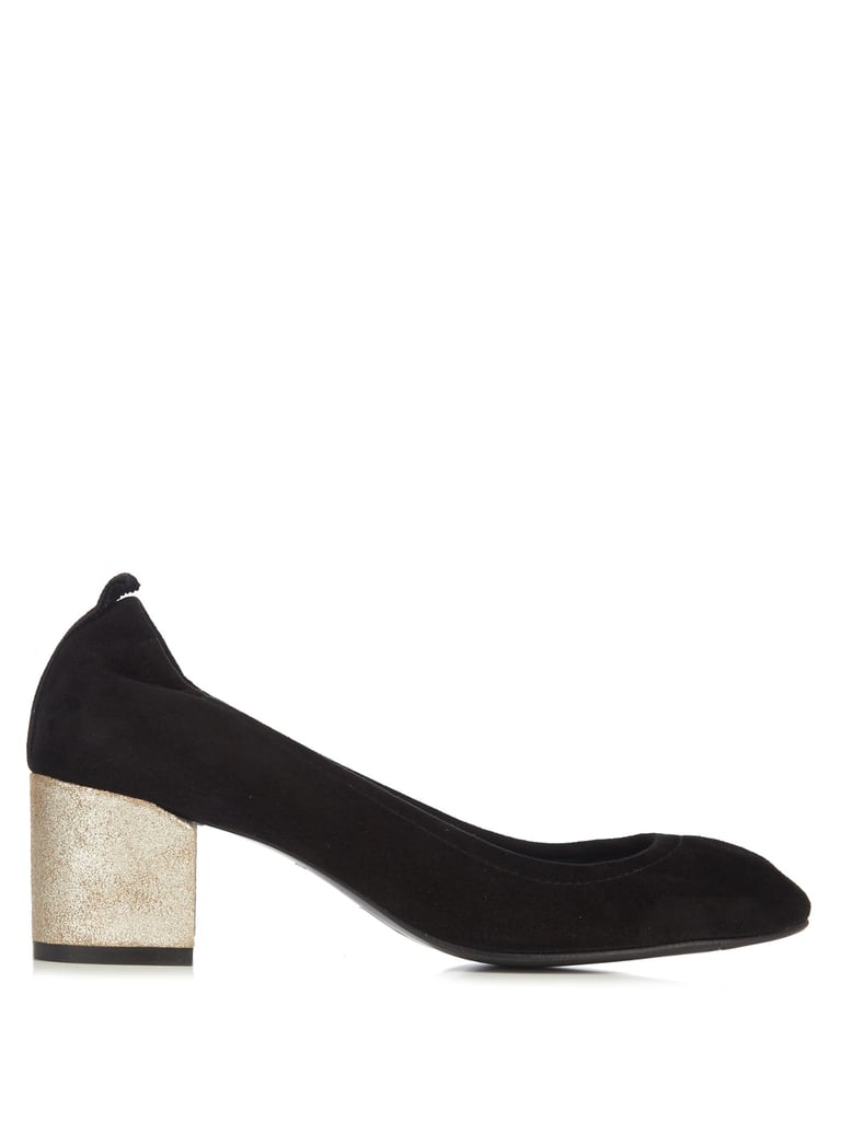 Lanvin Metallic Block-Heel Suede Pumps ($595)