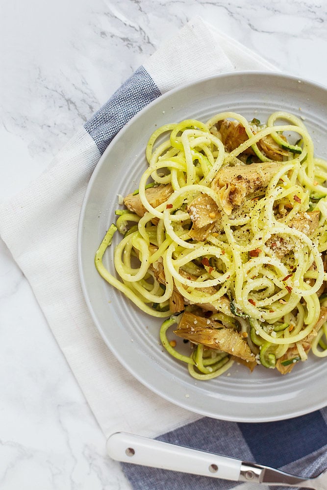 Lemon Parmesan Zucchini "Noodles" With Roasted Artichokes