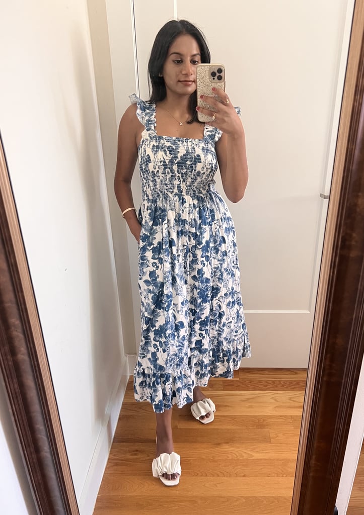 A Ruffled-Shoulder Smocked Midi Dress