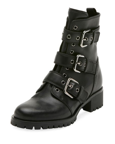 Prada Leather Buckle Combat Bootie, Black