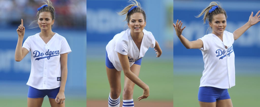 Chrissy Teigen Throwing First Pitch at LA Dodgers Game