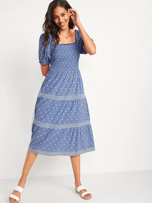 Old Navy Puff-Sleeve Smocked Printed Embroidered Fit and Flare Chambray Midi Dress