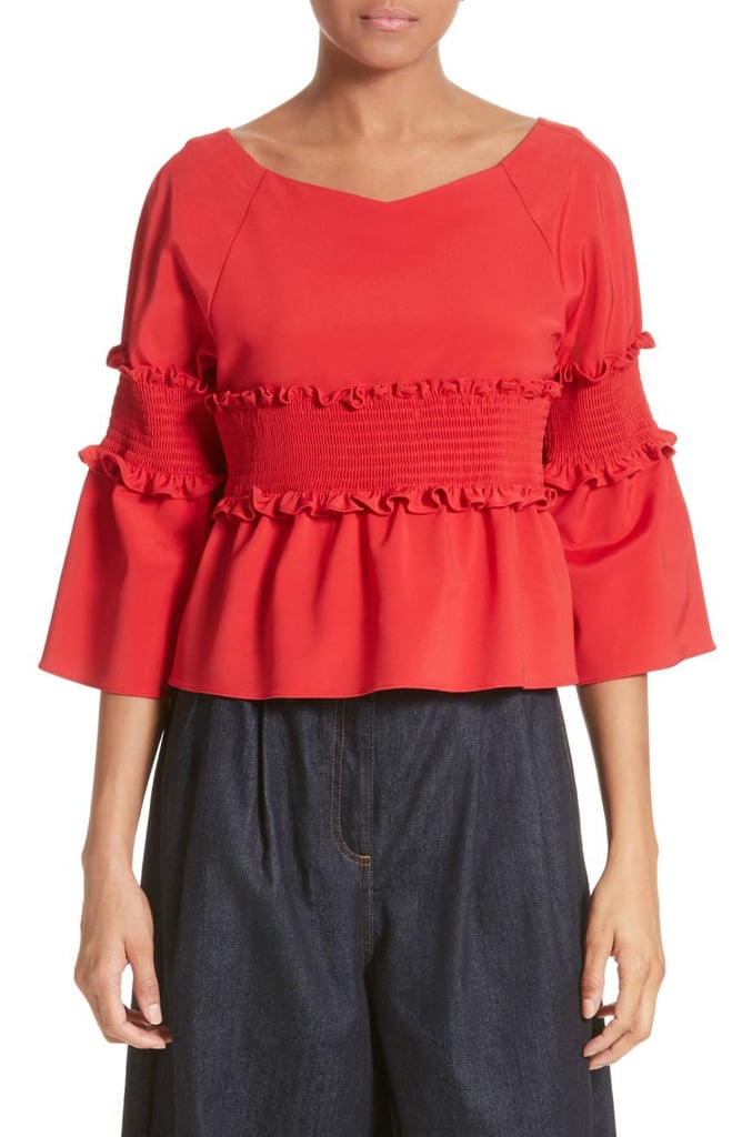Tibi Smocked Ruffle Crop Top