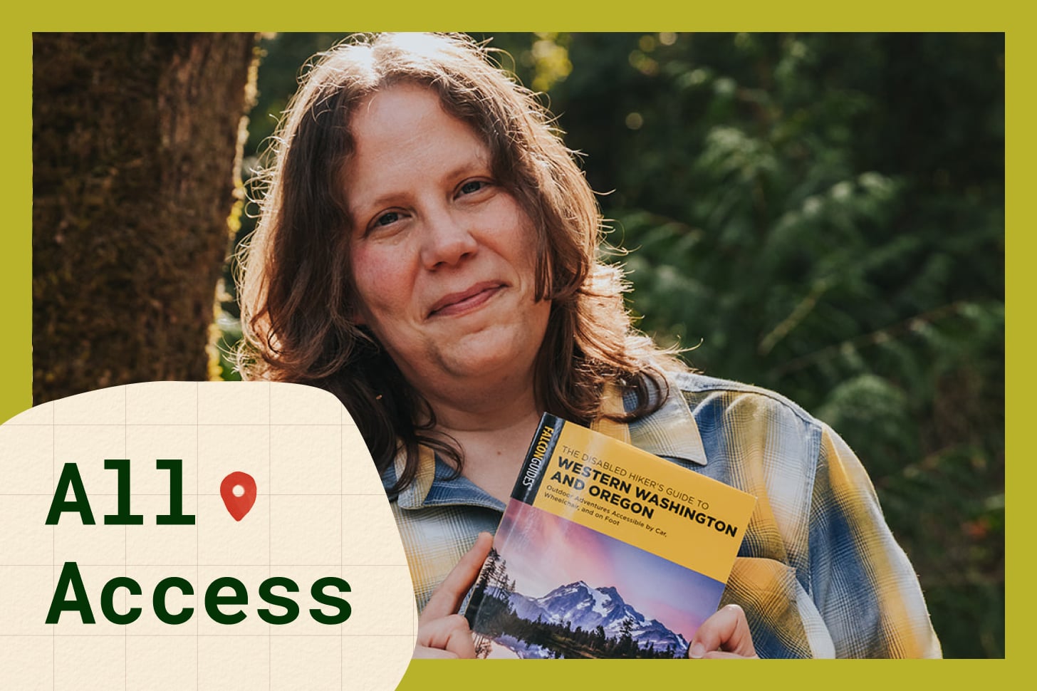 Syren Nagakrie, a fair-skinned woman with brown hair wearing a blue and yellow button-up shirt, poses in nature with a hiking guidebook. 