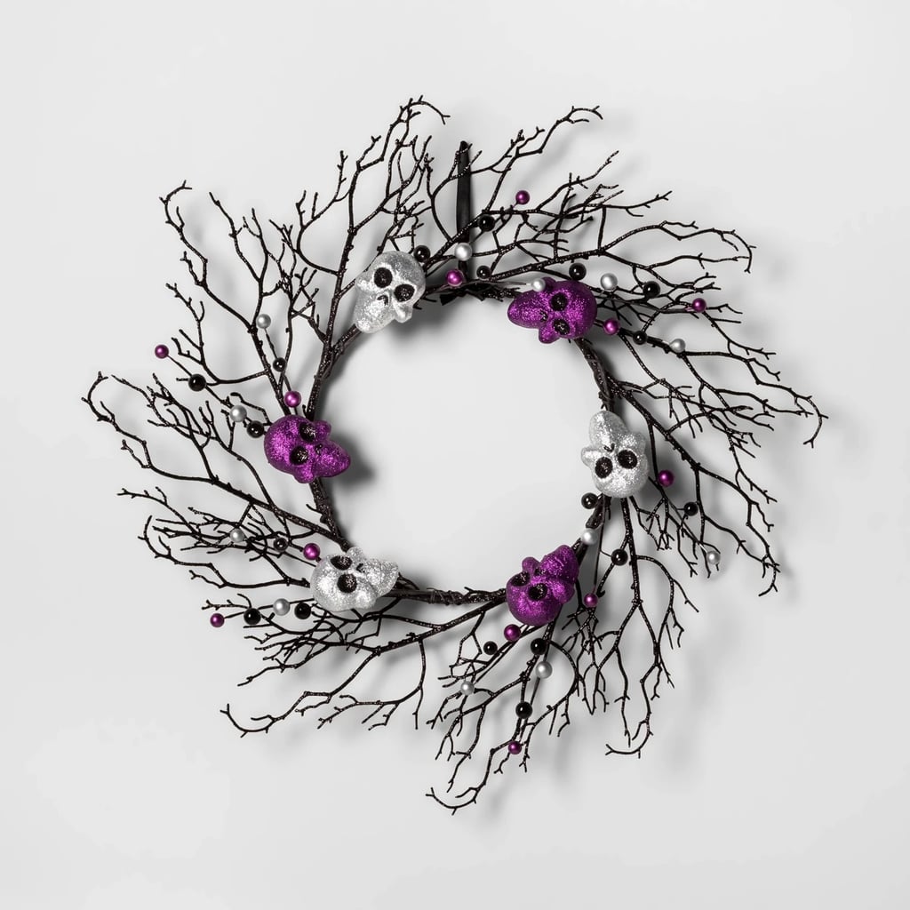 Skull and Berries Black Twig Halloween Wreath