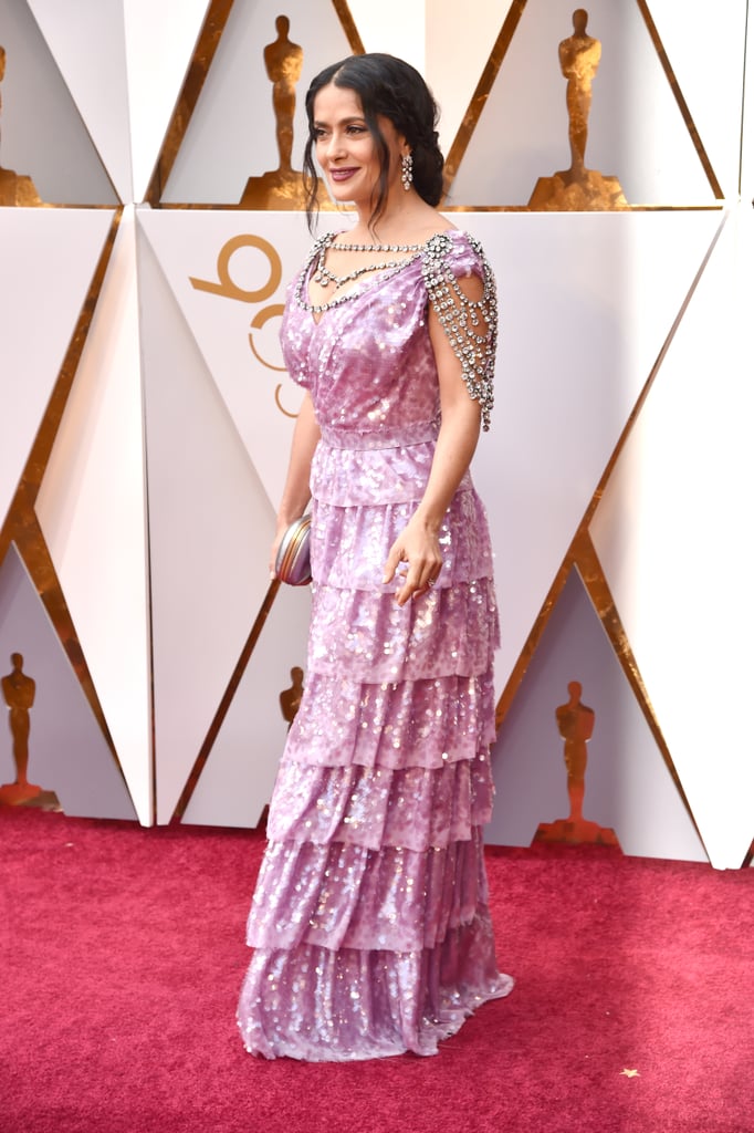 Salma Hayek Purple Gucci Dress at Oscars 2018