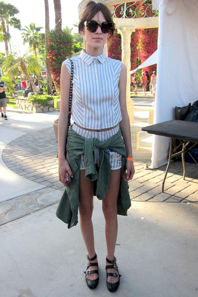 Alexa Chung showed off her impeccable style in a striped collared top, matching shorts, army shirt, and strappy flats.
Source: Chi Diem Chau
