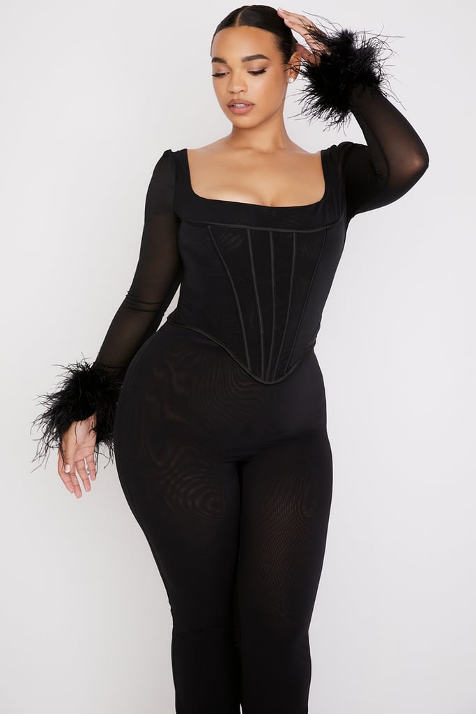A Structured Top: House of CB Stella Black Mesh Feather-Trimmed Corset