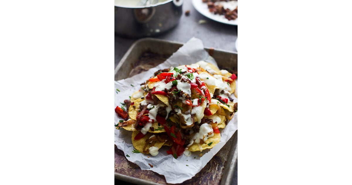 ItalianStyle Nachos With Provolone Cheese Sauce, Turkey Sausage, and