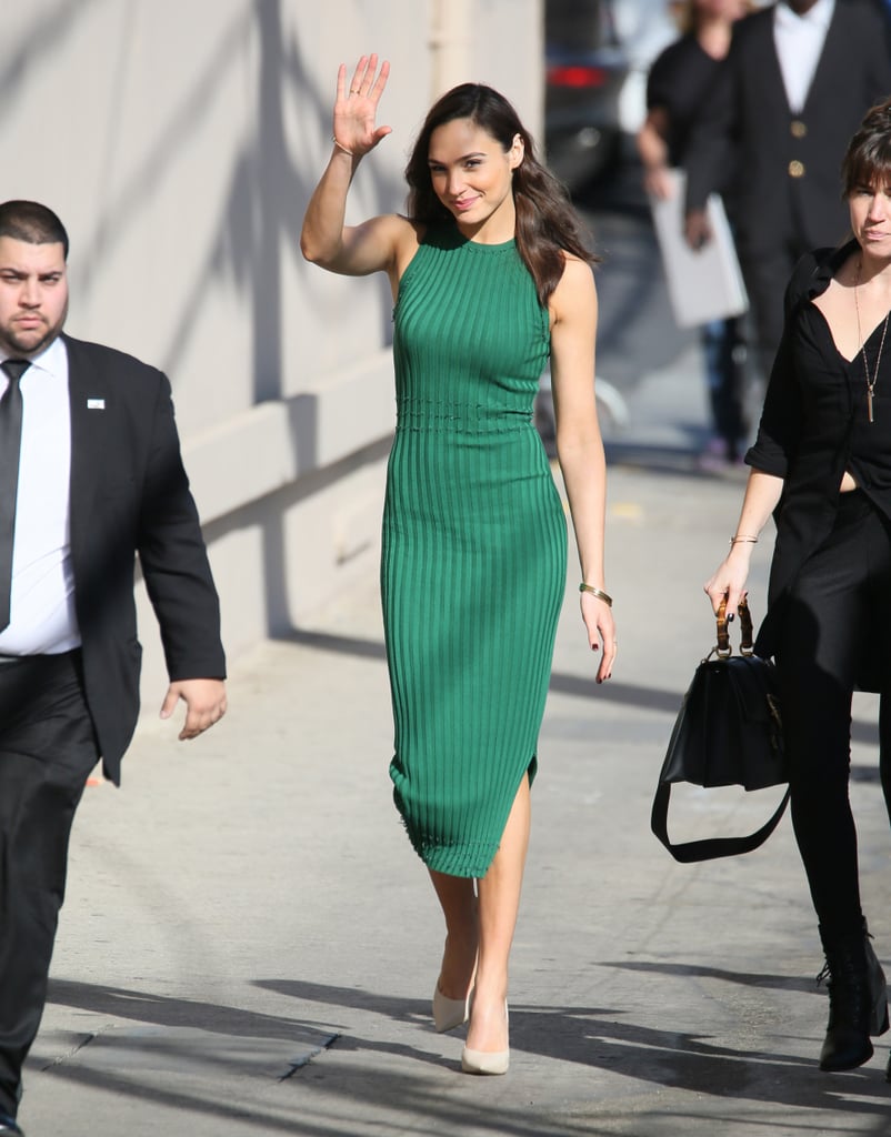 Gal Gadot arrived on set of Jimmy Kimmel Live! in a body-hugging and ribbed green Altuzarra dress.