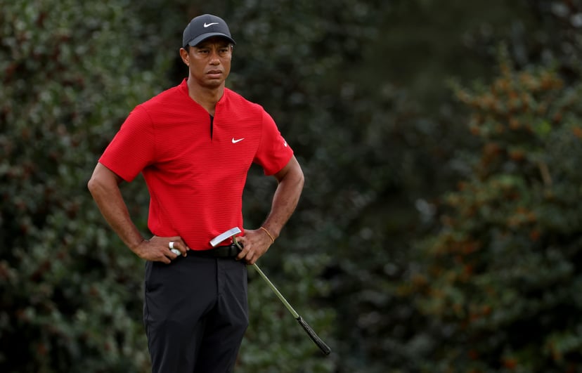AUGUSTA, GEORGIA - NOVEMBER 15: Tiger Woods of the United States stands on the 14th green during the final round of the Masters at Augusta National Golf Club on November 15, 2020 in Augusta, Georgia. (Photo by Jamie Squire/Getty Images)