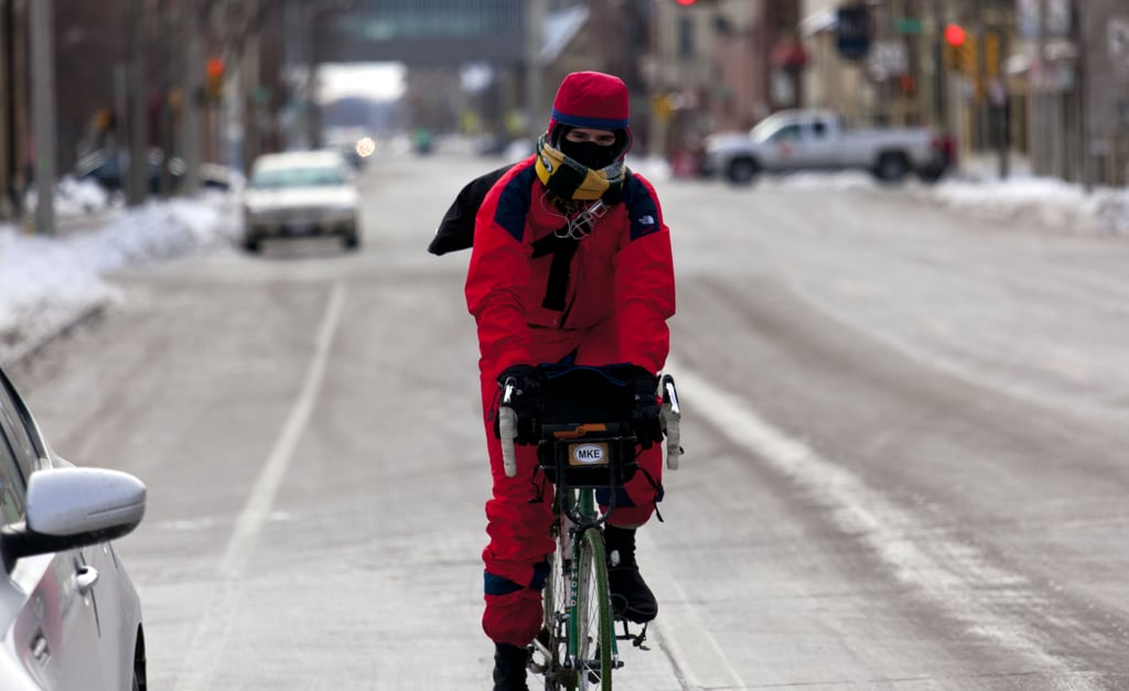 A cyclist wore extra layers for a ride around Milwaukee.