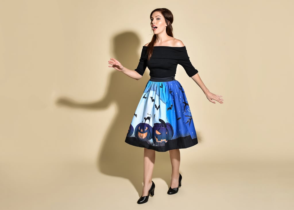 1950s Style Blue Moon & Pumpkins Print High Waist Circle Swing Skirt ($78)