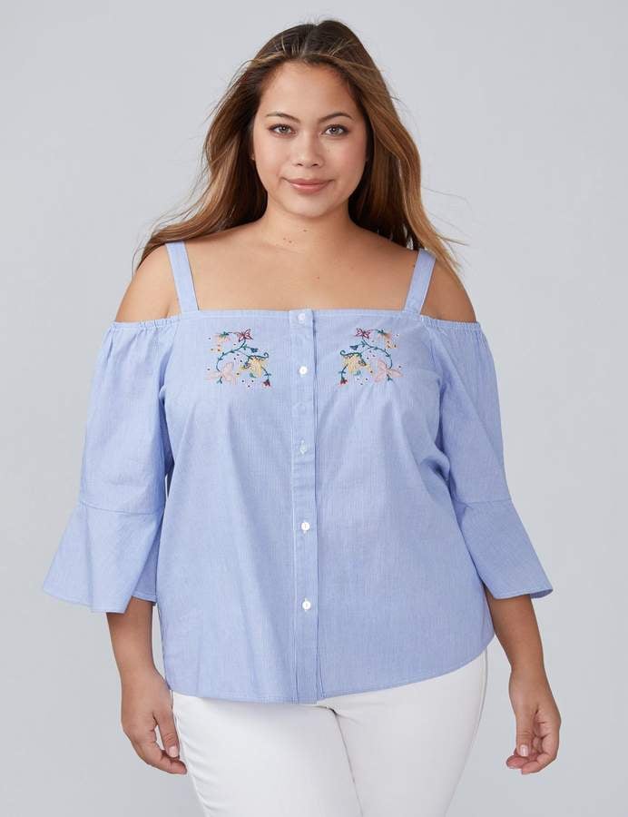 Lane Bryant Striped Embroidered Cold-Shoulder Top