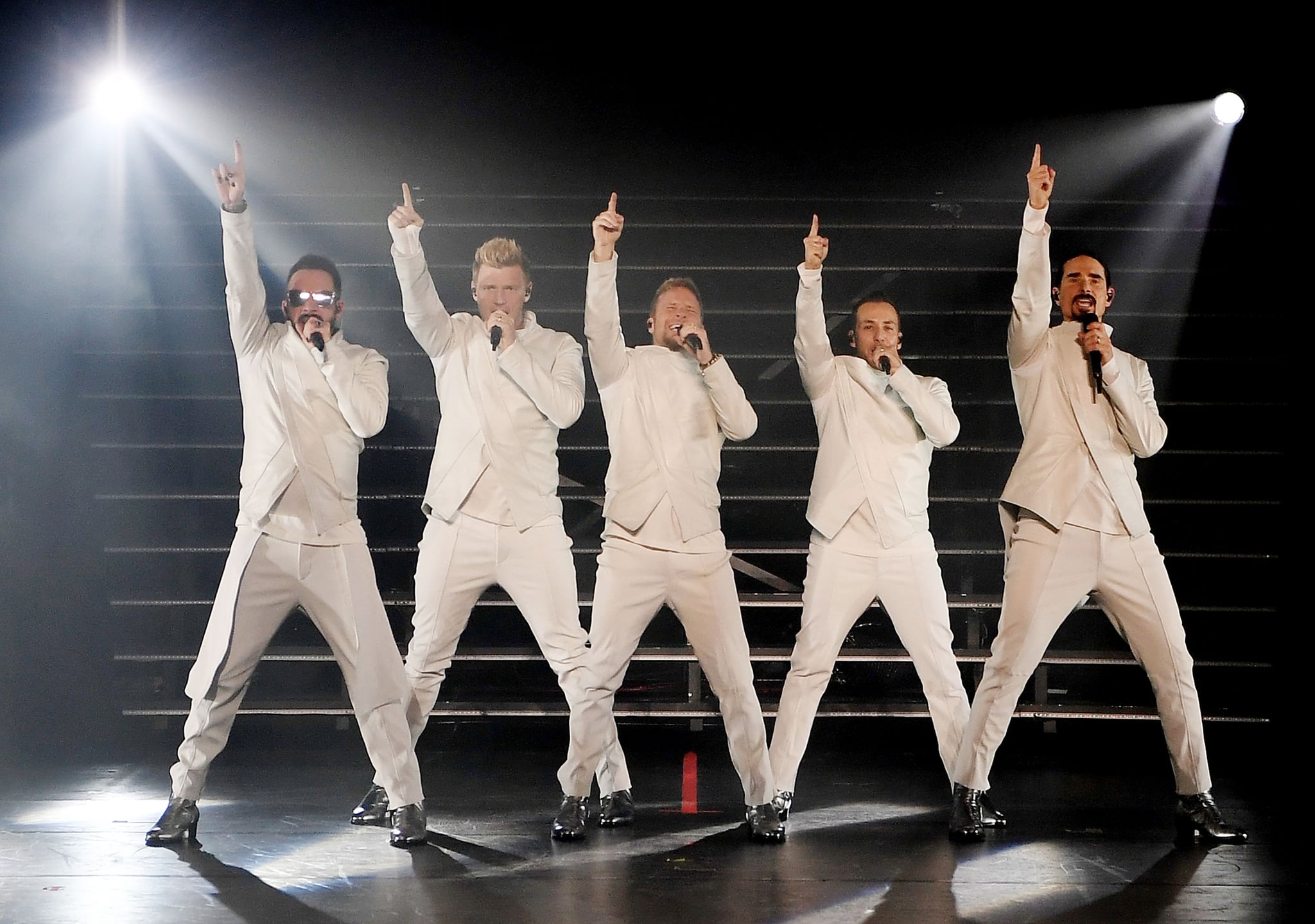 LAS VEGAS, NV - MARCH 01:  (L-R) Singers AJ McLean, Nick Carter, Brian Littrell, Howie Dorough and Kevin Richardson of the Backstreet Boys perform during the launch of the group's residency 