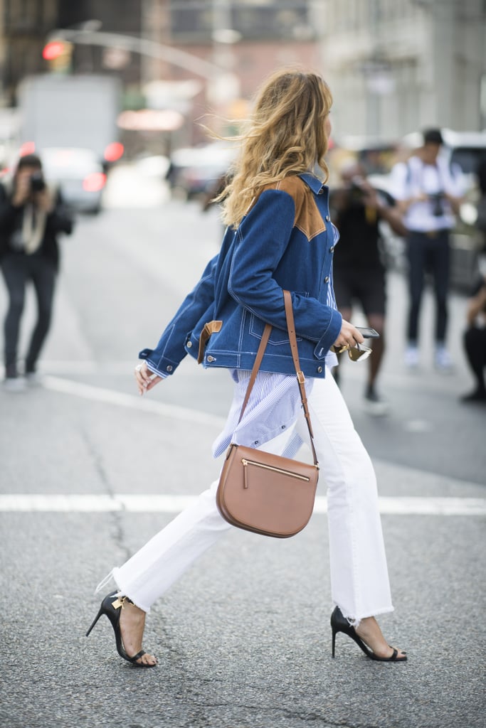 Nothing wrong with a denim jacket over tailored neutrals for work.