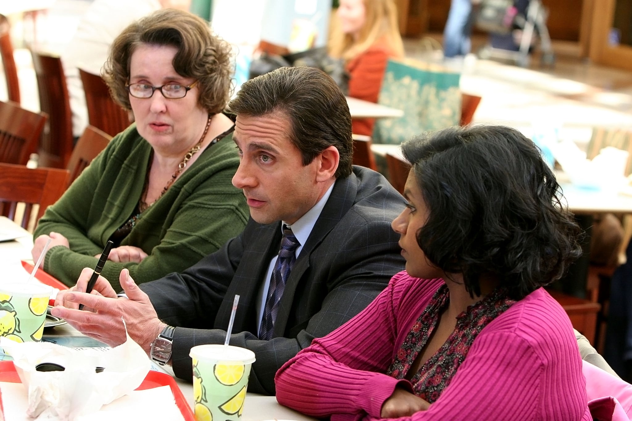 Phyllis Smith, Steve Carell, and Mindy Kaling on the set of NBC's The Office.