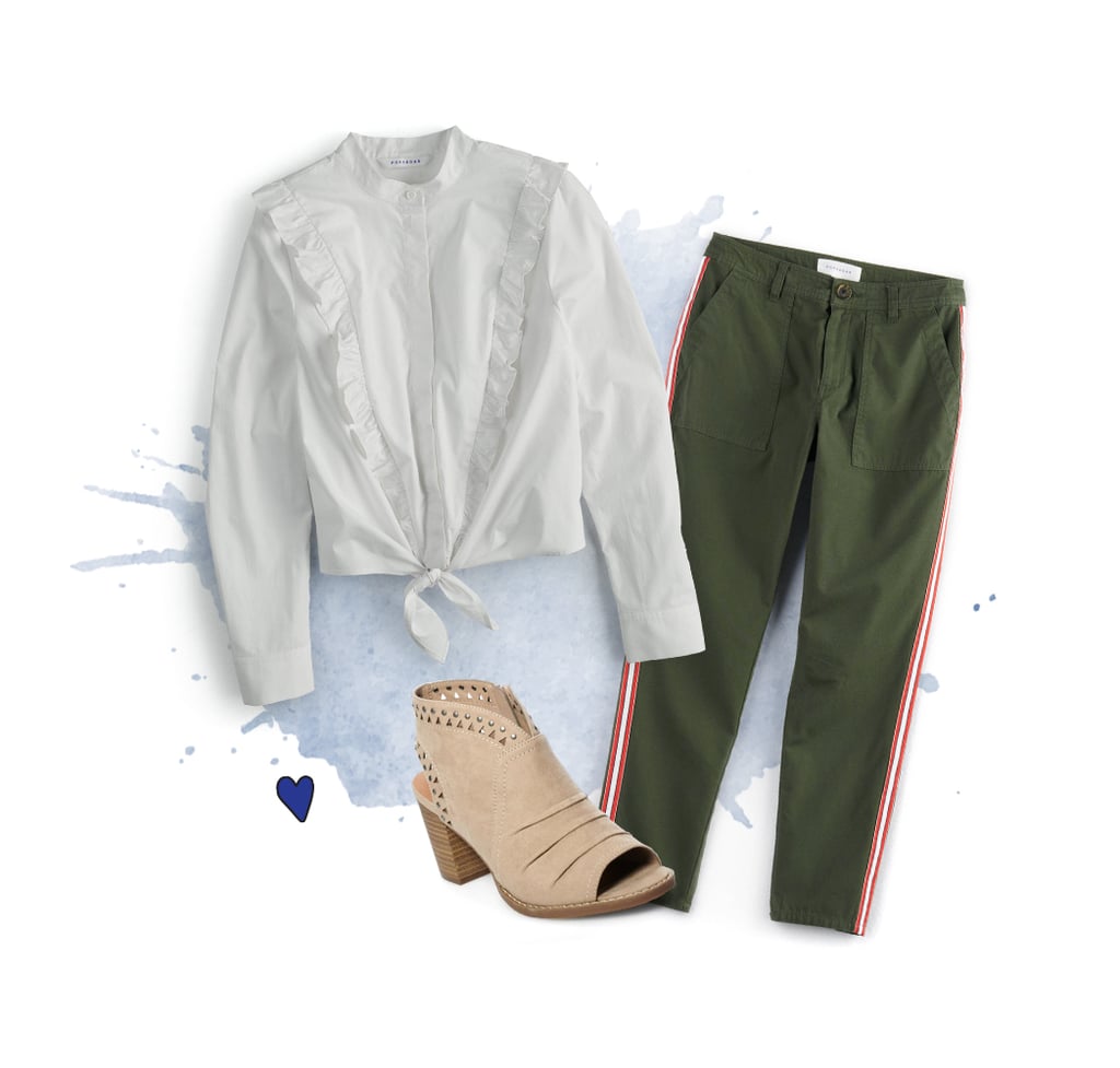 Ruffle Button-Down with Side-Stripe Ankle Pants