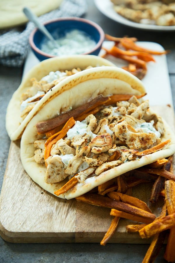 Healthy Chicken Gyros With Feta Tzatziki and Sweet Potato Fries