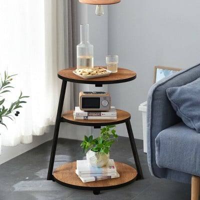 Costway Round EndTable 3-Tier Industrial Nightstand